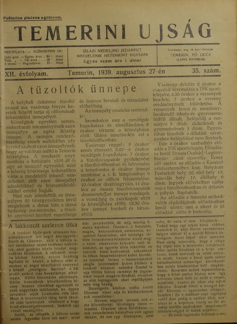 Temerini Újság 1928-1944, 12. évf. 1939. augusztus 27. 35. sz.