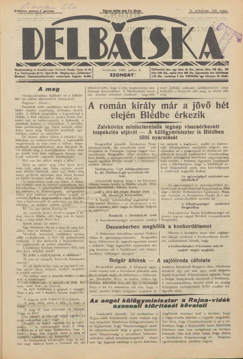 Délbácska, 10. évf. 1929. július 6. 155. sz.