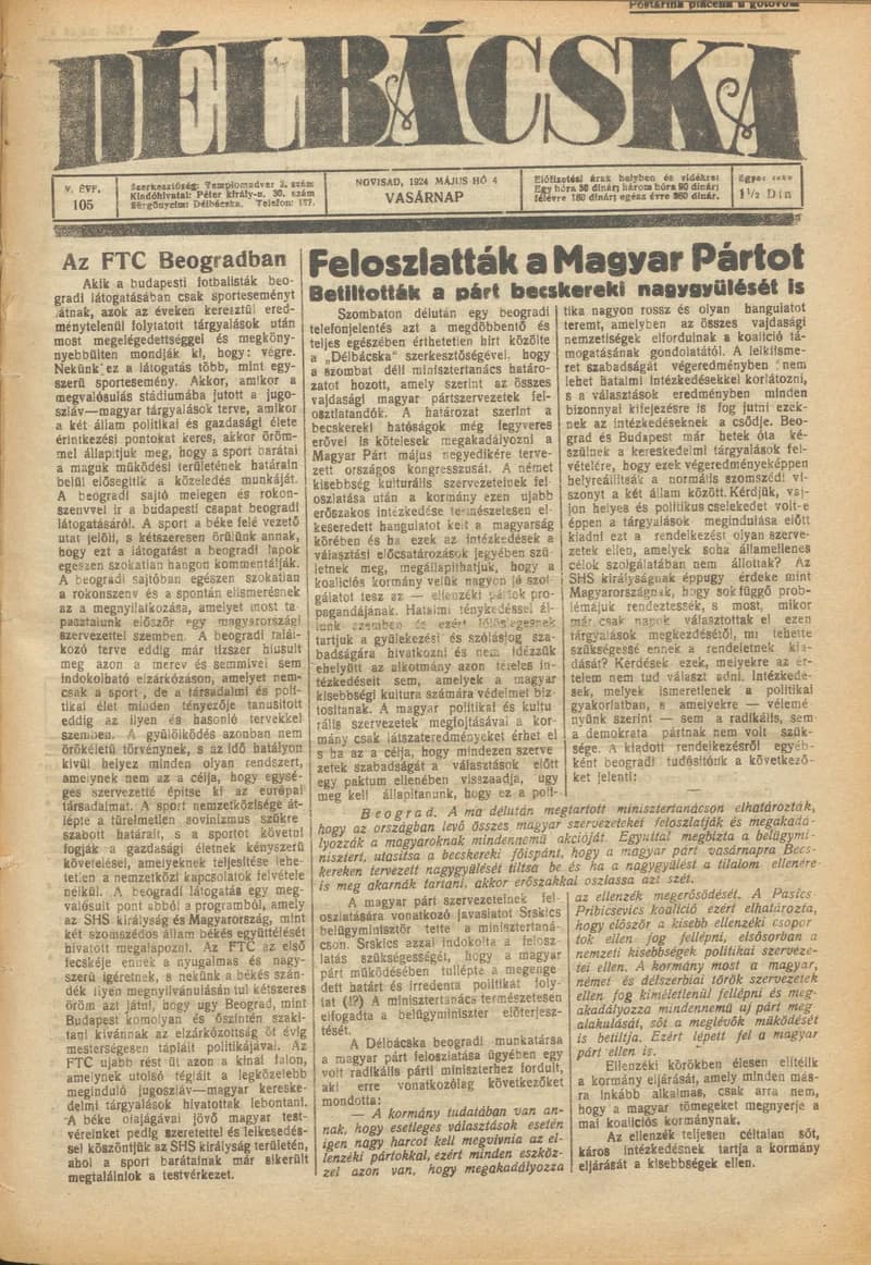 Délbácska, 5. évf. 1924. május 4. 105. sz.