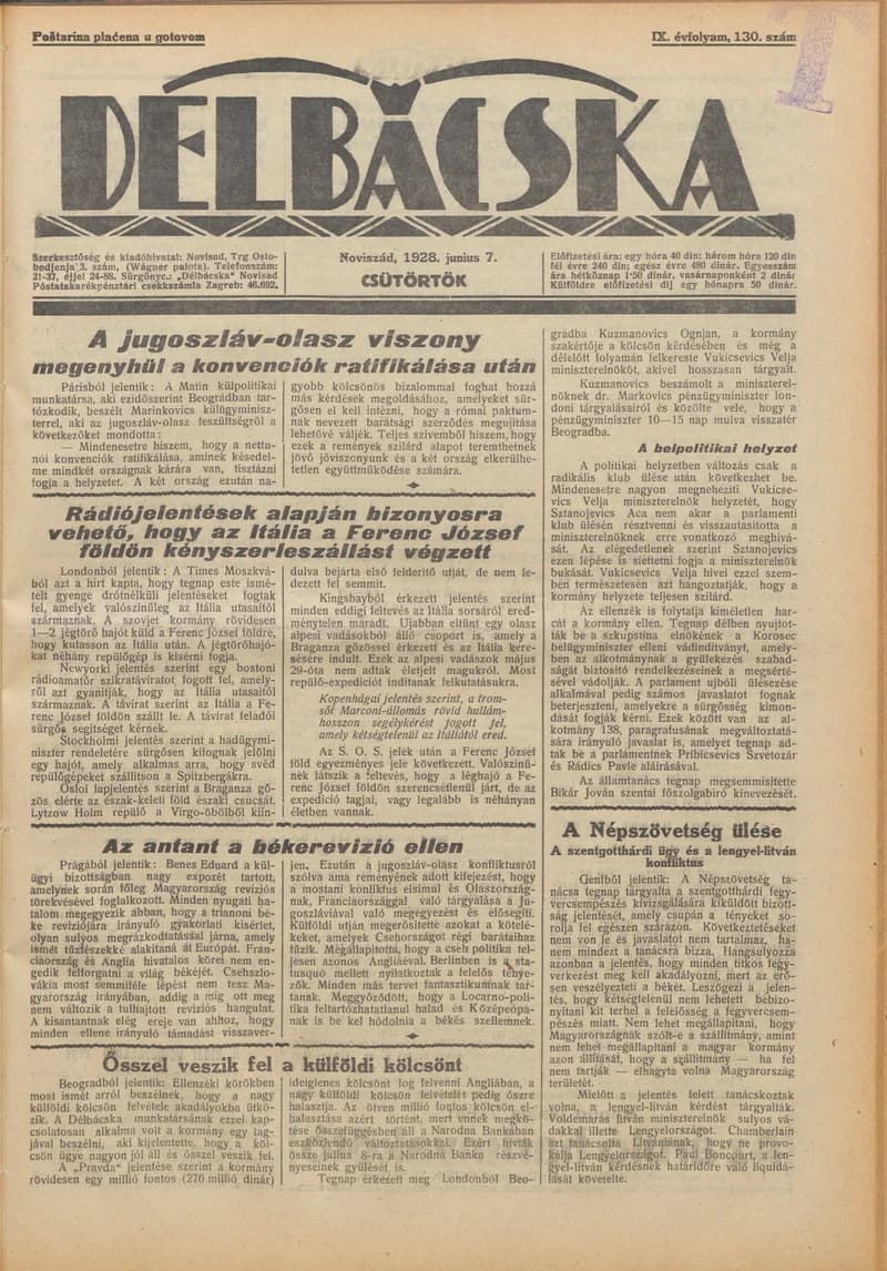 Délbácska, 9. évf. 1928. június 7. 130. sz.