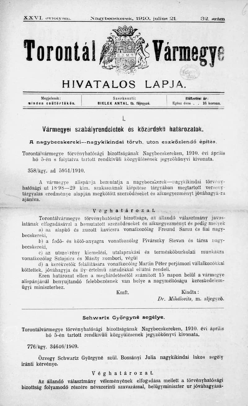 Torontál Vármegye Hivatalos Lapja, 26. évf. 1910. július 21. 32. sz.