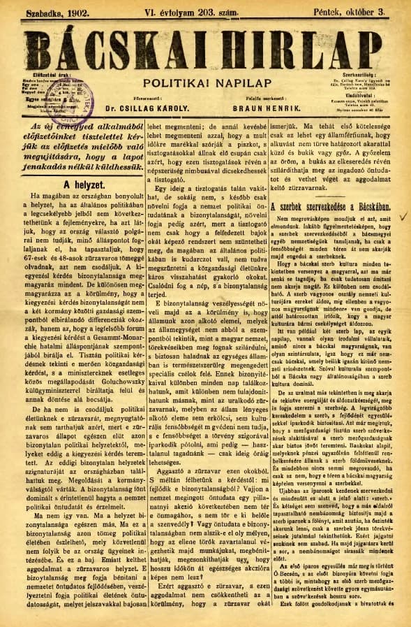 Bácskai Hirlap, 6. évf. 1902. október 3. 203. sz.