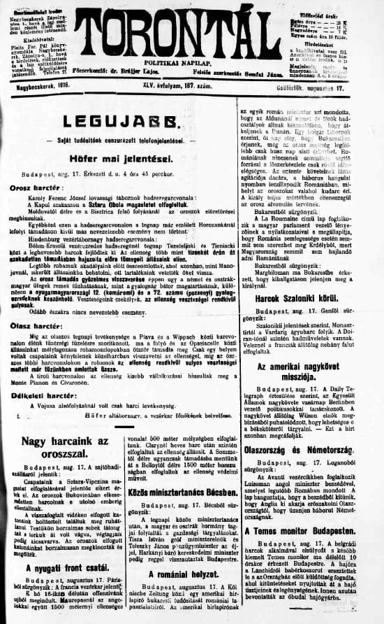 Torontál, 45. évf. 1916. augusztus 18. 187. sz.