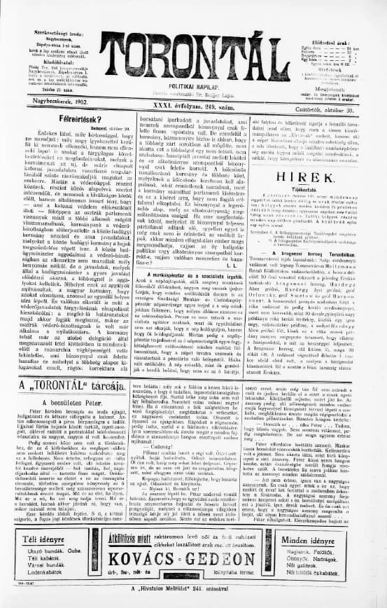 Torontál, 31. évf. 1902. október 30. 249. sz.