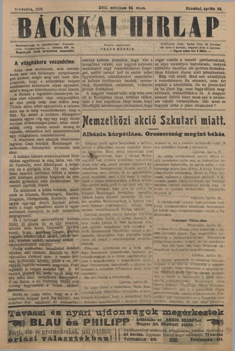 Bácskai Hirlap, 17. évf. 1913. április 26. 96. sz.