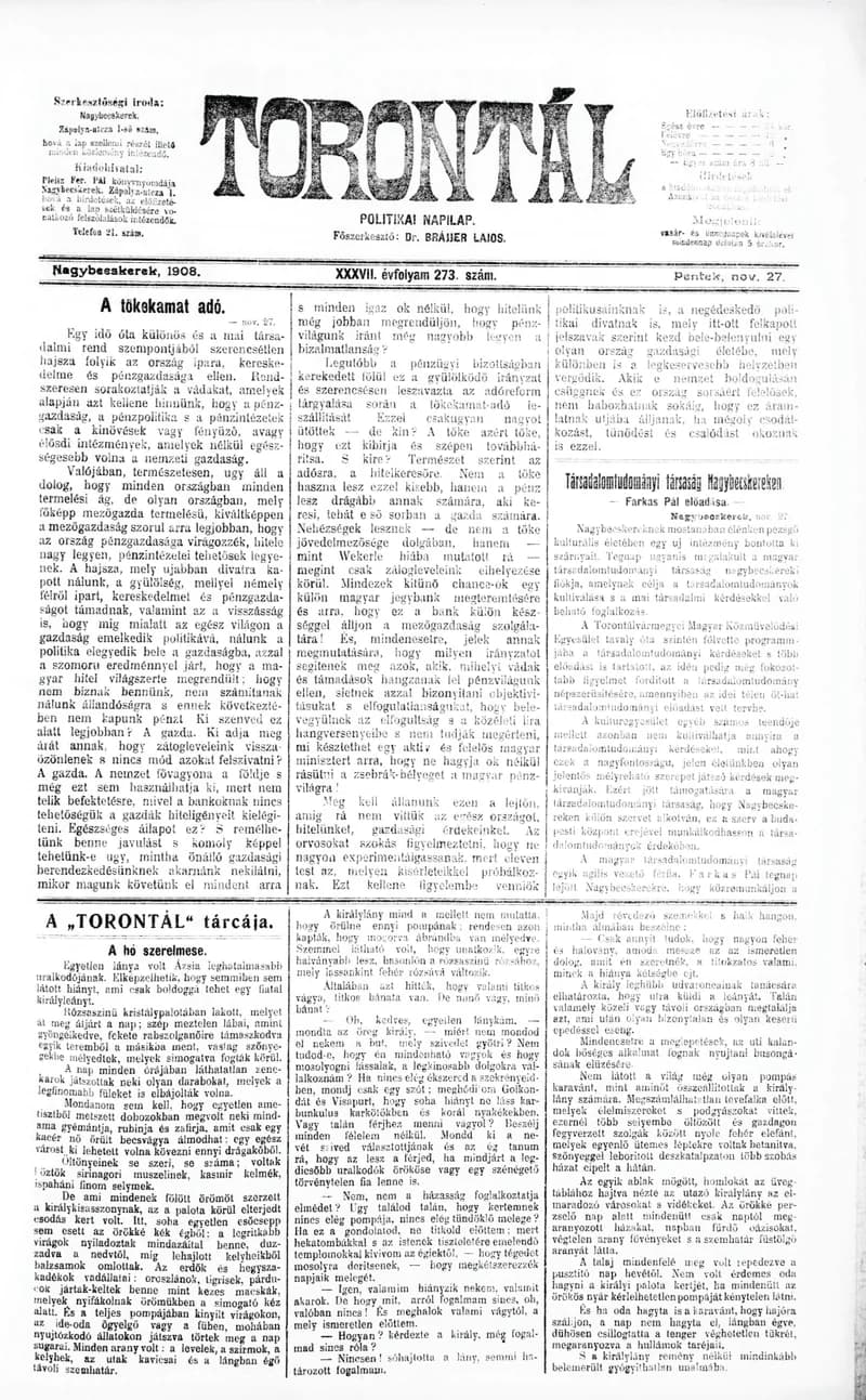 Torontál, 37. évf. 1908. november 27. 273. sz.
