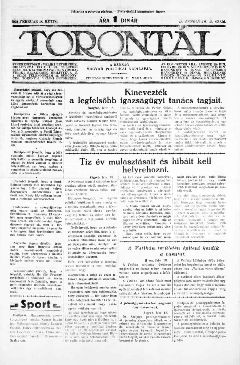 Torontál, 58. évf. 1929. február 18. 40. sz.