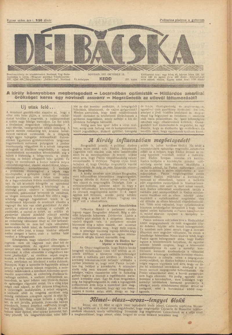 Délbácska, 6. évf. 1925. október 13. 237. sz.