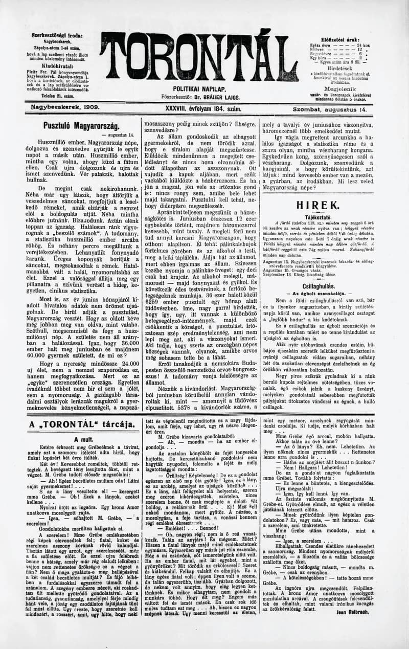 Torontál, 38. évf. 1909. augusztus 14. 184. sz.