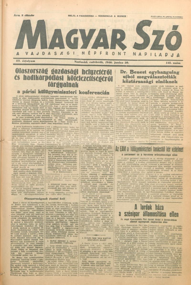 Magyar Szó, 3. évf. 1946. június 20. 145. sz. 1–8. oldal