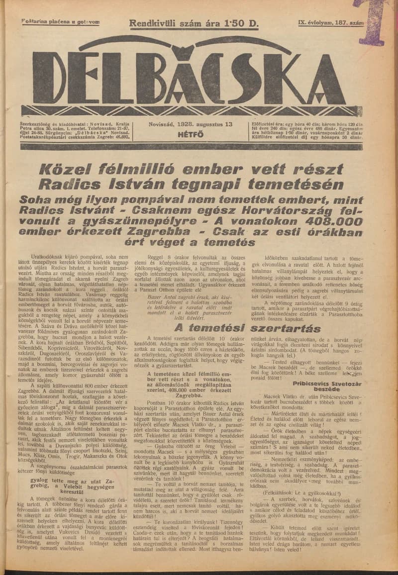 Délbácska, 9. évf. 1928. augusztus 13. 187. sz.