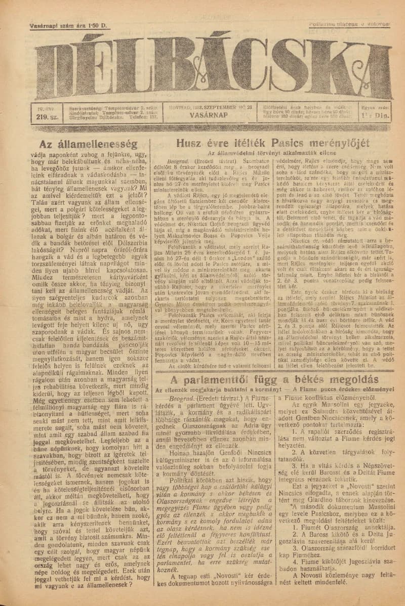 Délbácska, 4. évf. 1923. szeptember 23. 219. sz.