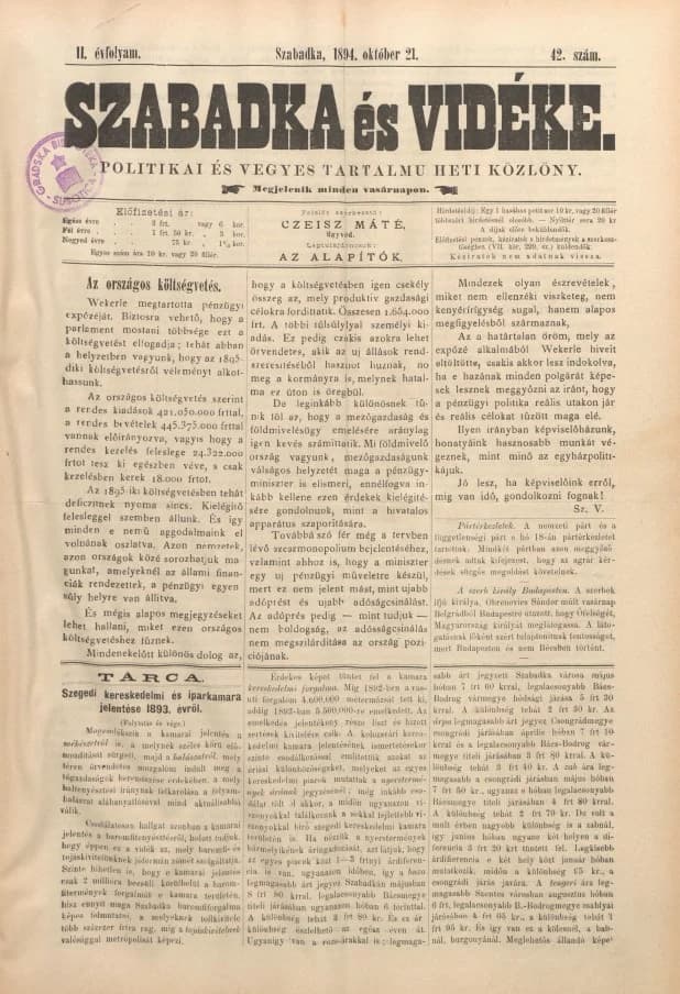 Szabadka és vidéke II, 2. évf. 1894. október 21. 42. sz.