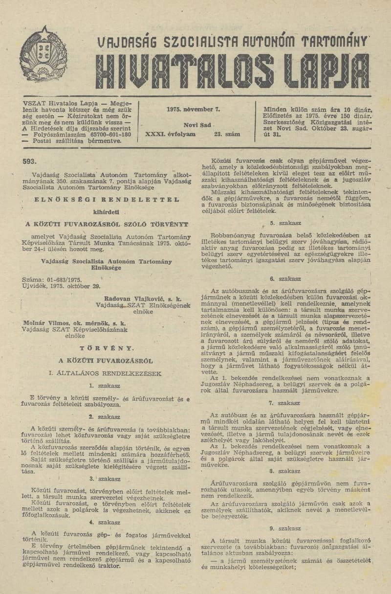 Vajdaság Szocialista Autonóm Tartomány Hivatalos Lapja, 31. évf. 1975. november 7. 23. sz. 977–992. oldal