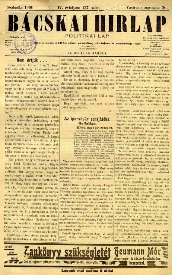 Bácskai Hirlap, 4. évf. 1900. augusztus 26. 127. sz.