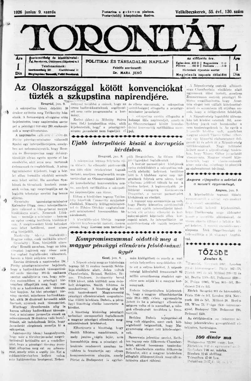 Torontál, 55. évf. 1926. június 9. 130. sz.
