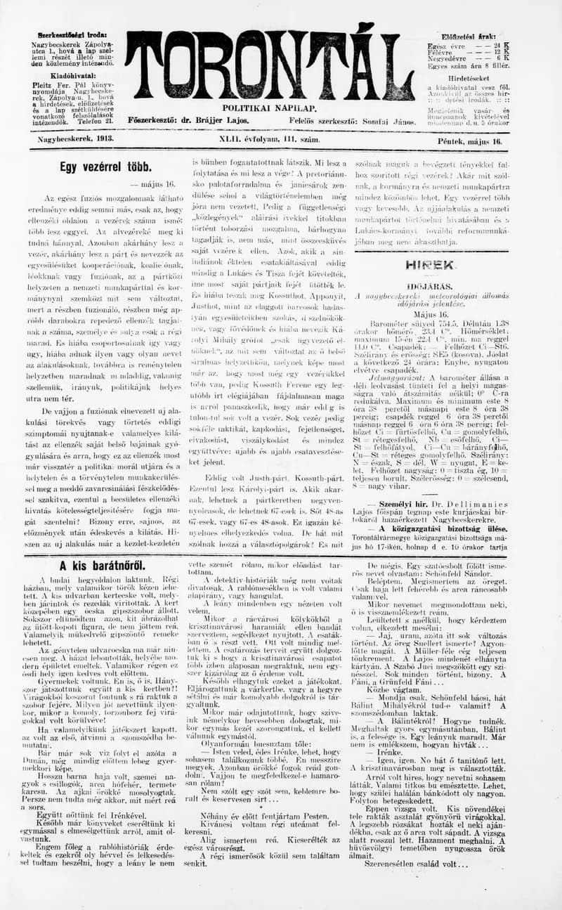 Torontál, 42. évf. 1913. május 16. 111. sz.