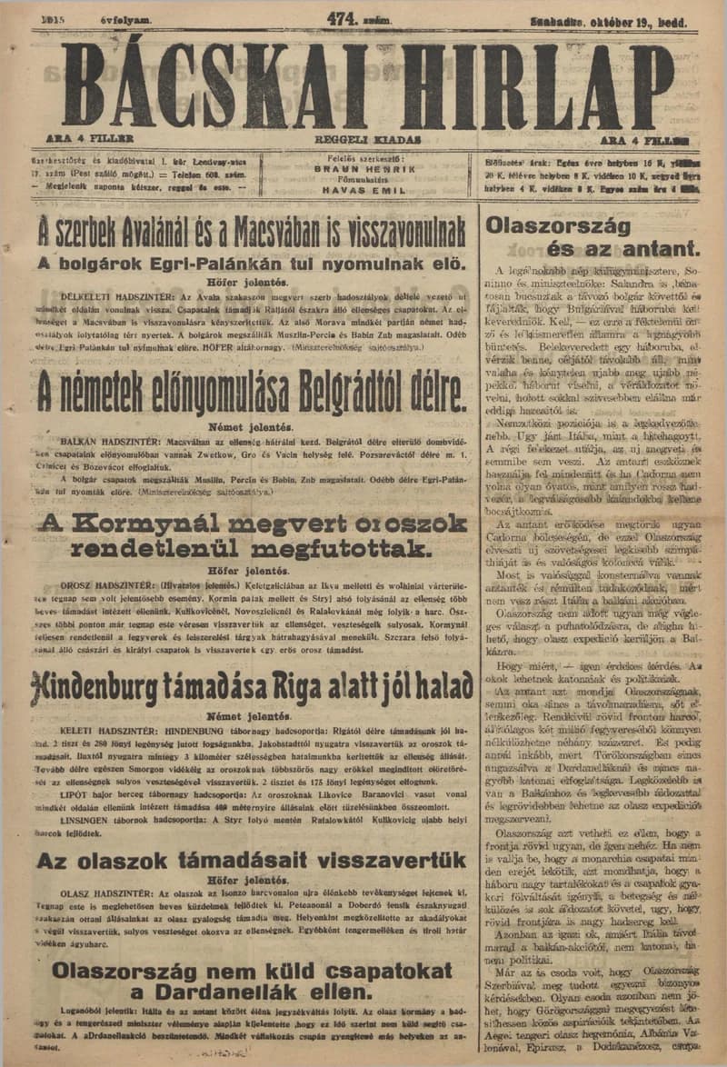 Bácskai Hirlap, 19. évf. 1915. október 19. 475. sz.