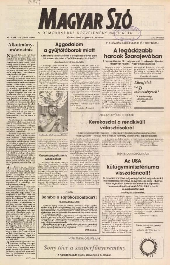 Magyar Szó, 49. évf. 1992. augusztus 6. 214. sz. 1–16. oldal