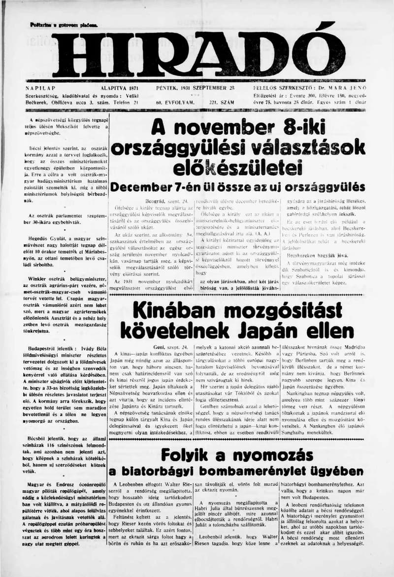 Híradó, 60. évf. 1931. szeptember 25. 221. sz.