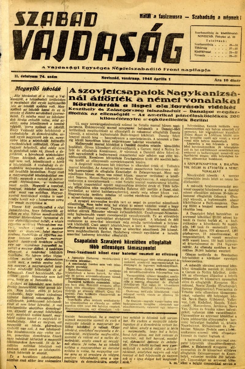 Szabad Vajdaság, 2. évf. 1945. április 1. 74. sz.