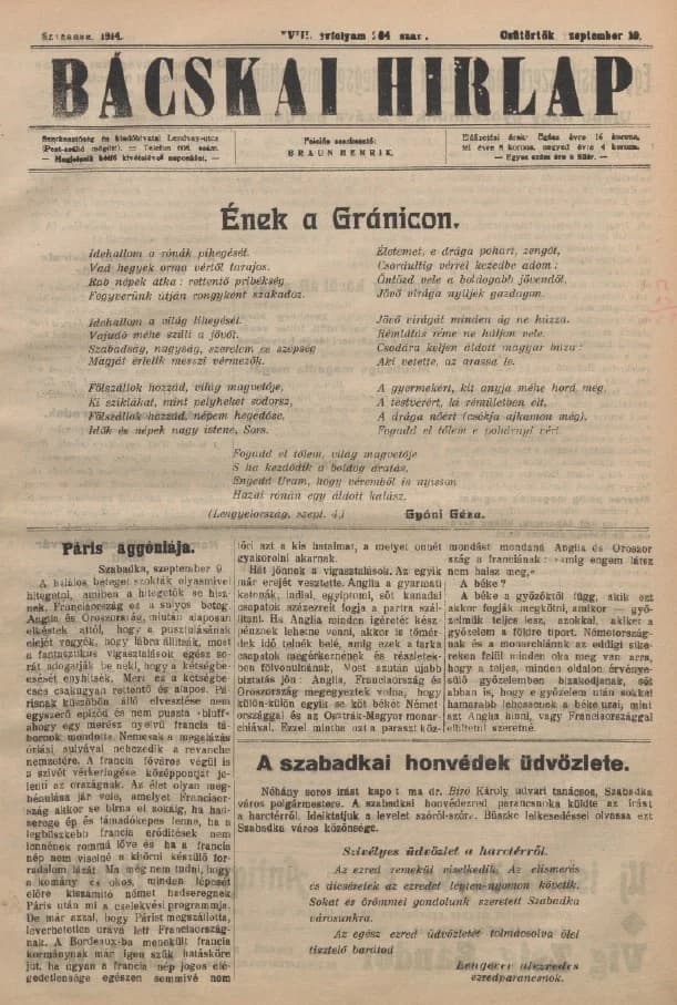 Bácskai Hirlap, 18. évf. 1914. szeptember 10. 204. sz.