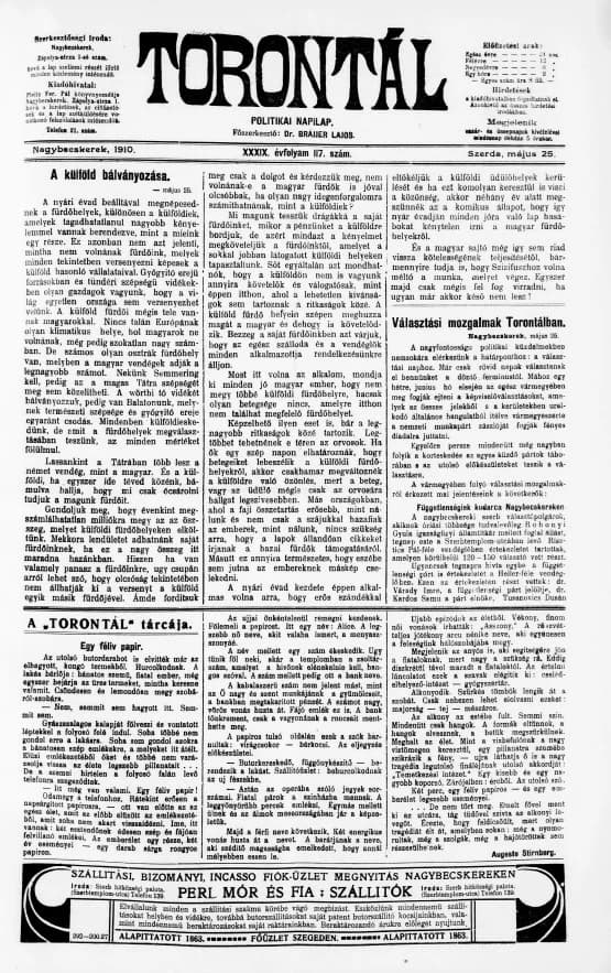 Torontál, 39. évf. 1910. május 25. 117. sz.