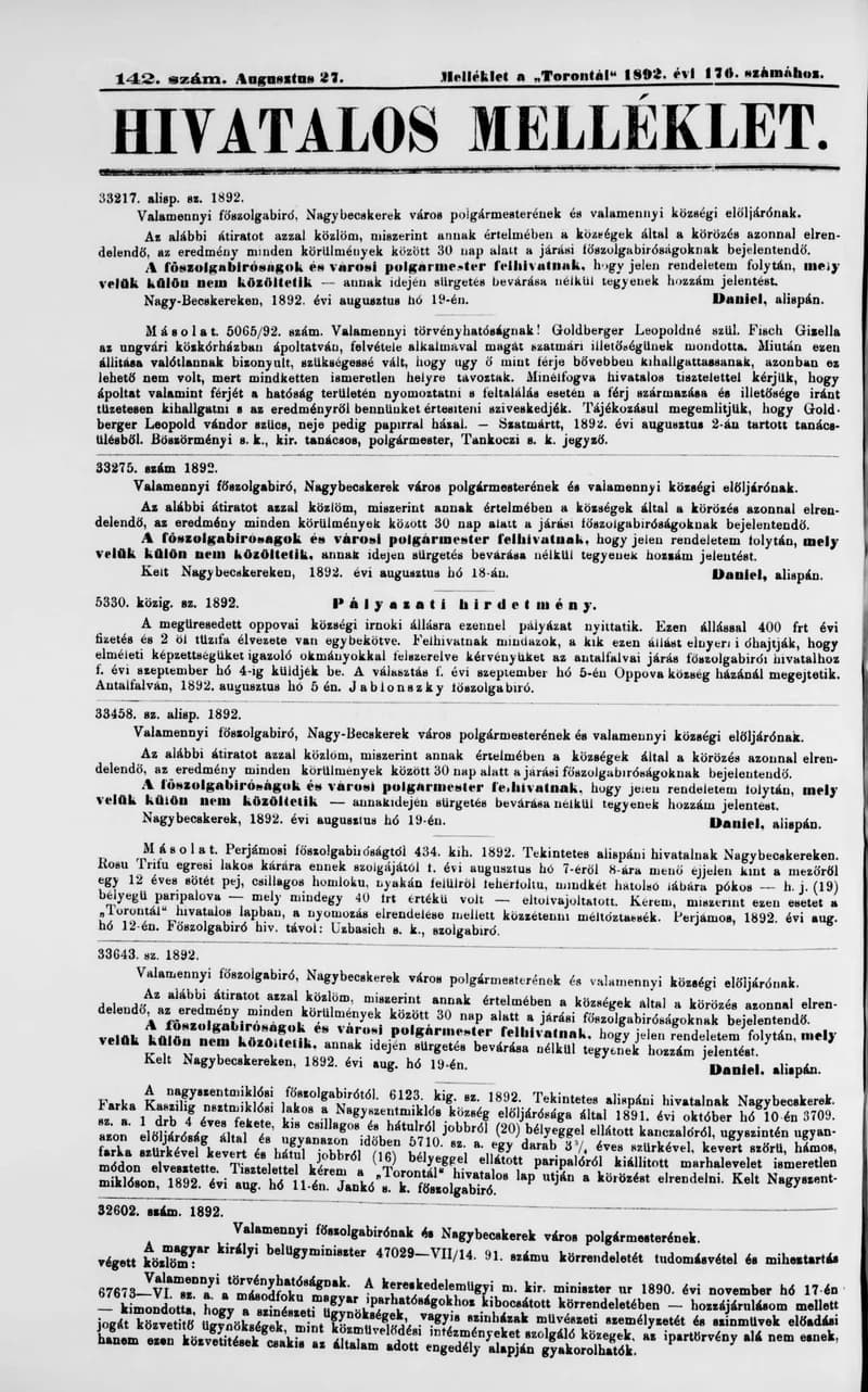 A Totontál  hivatalos melléklete, 5. évf. 1892. augusztus 27. 142. sz.