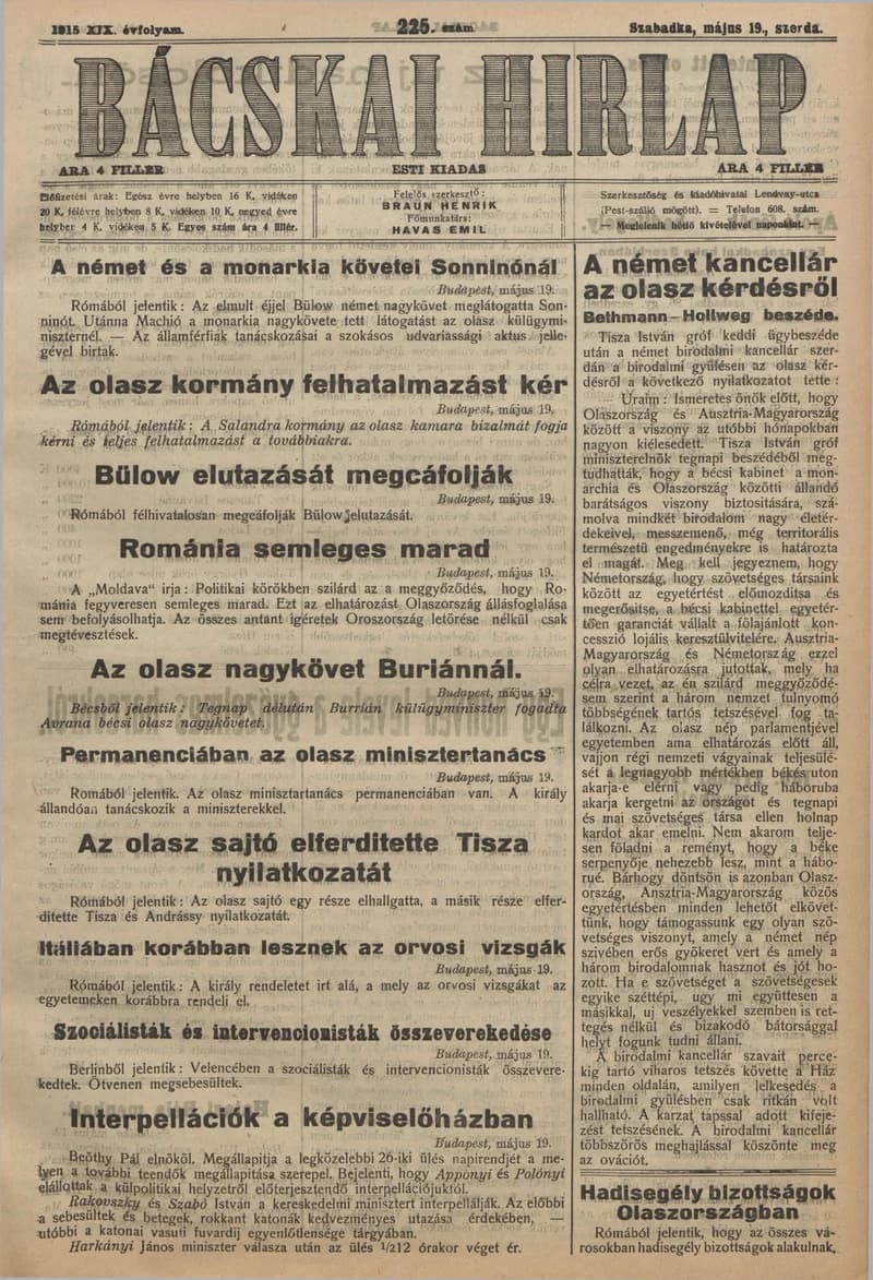 Bácskai Hirlap, 19. évf. 1915. május 19. 225. sz.