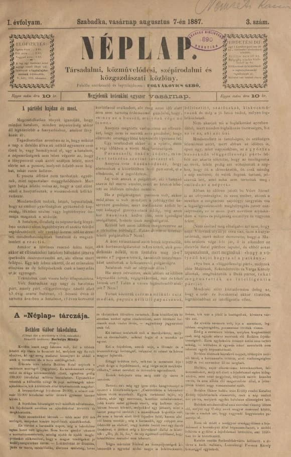 Néplap, 1. évf. 1887. augusztus 7. 3. sz.