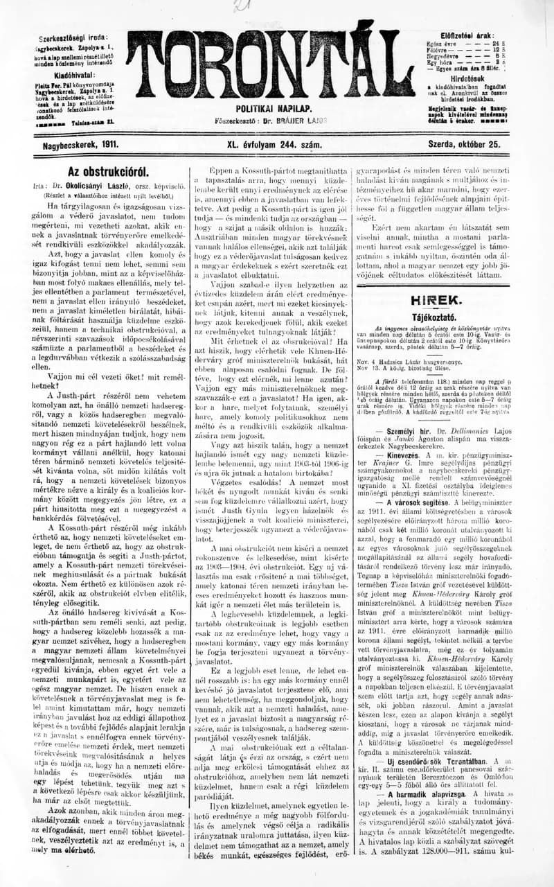Torontál, 40. évf. 1911. október 25. 244. sz.