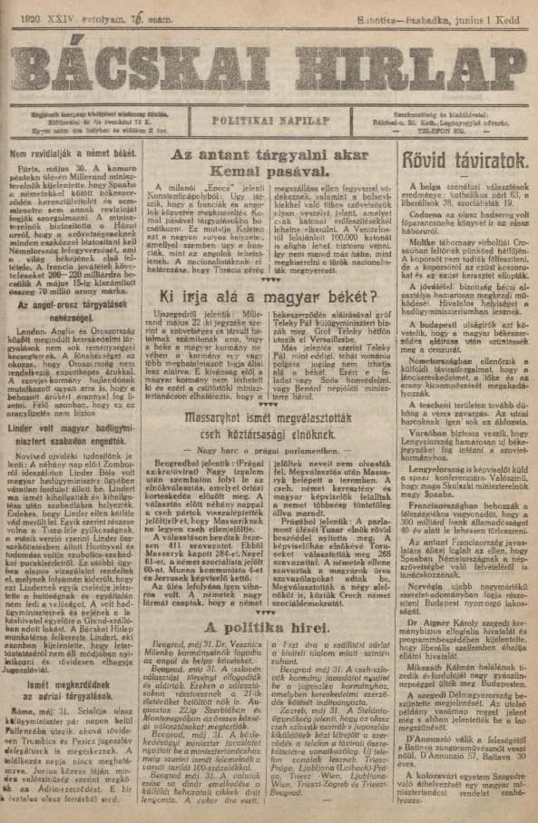 Bácskai Hirlap, 24. évf. 1920. június 1. 76. sz.