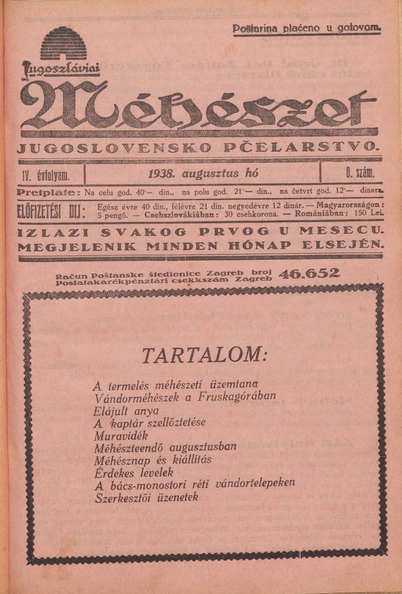 Jugoszláviai méhészet, 4. évf. 1938. augusztus 1. 8. sz.