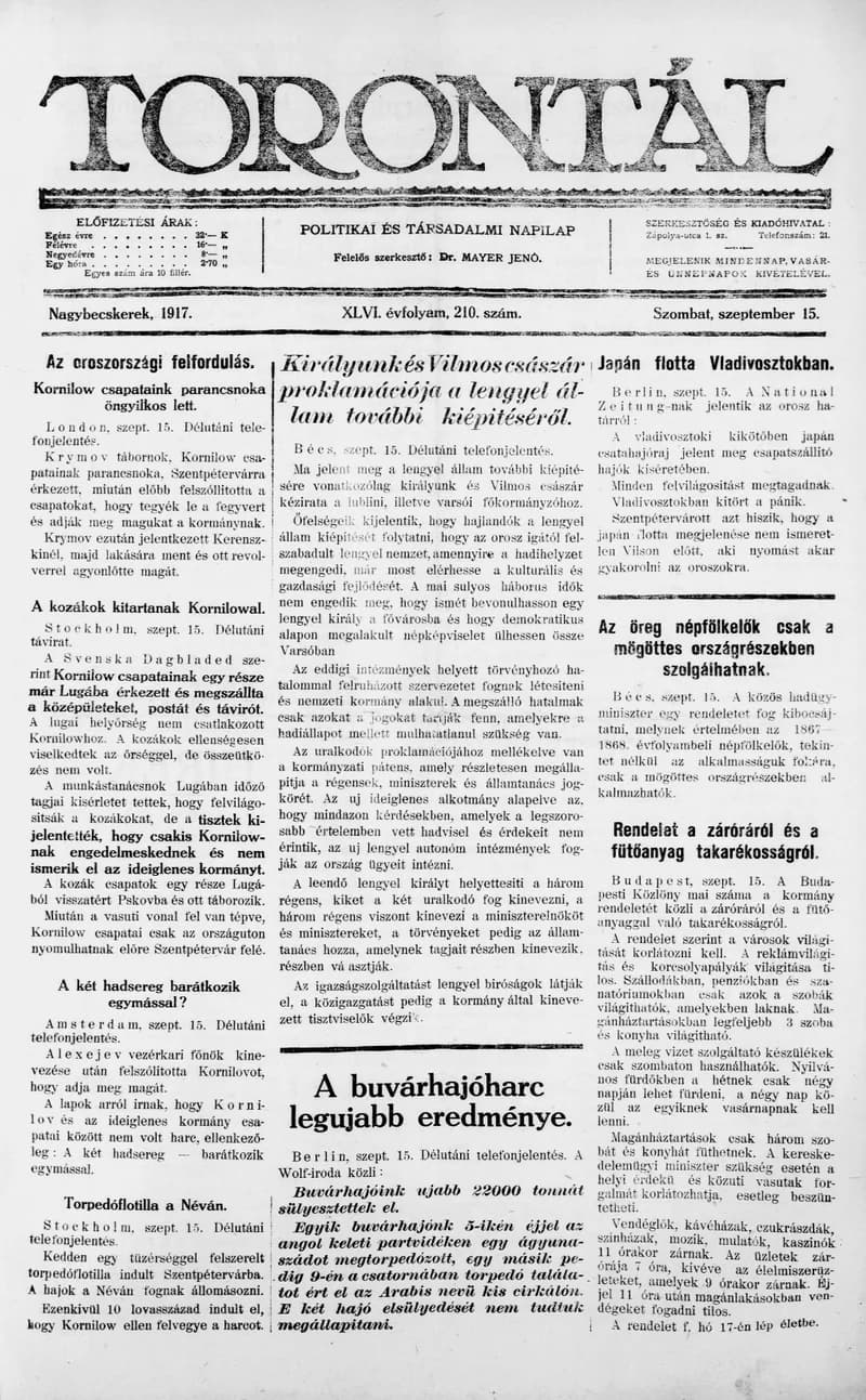 Torontál, 46. évf. 1917. szeptember 15. 210. sz.