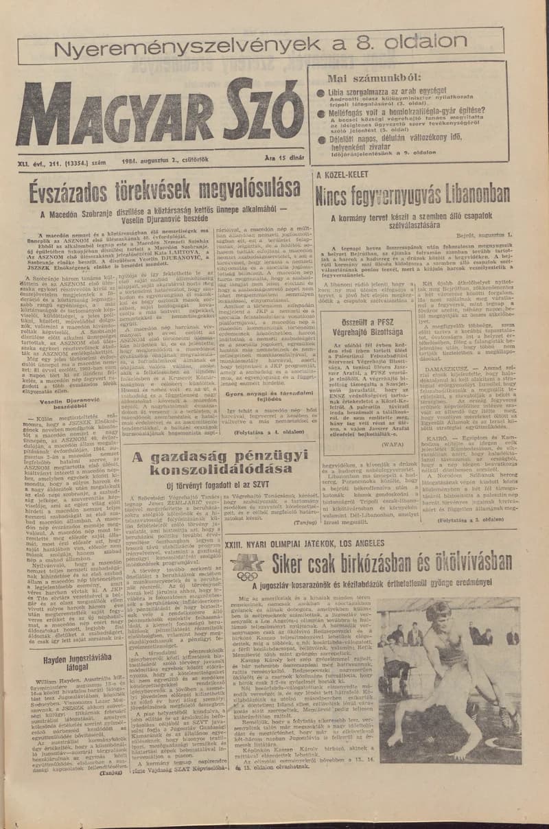 Magyar Szó, 41. évf. 1984. augusztus 2. 211. sz. 1–16. oldal