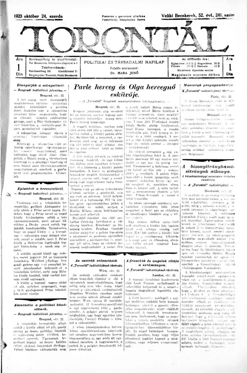 Torontál, 52. évf. 1923. október 24. 241. sz.