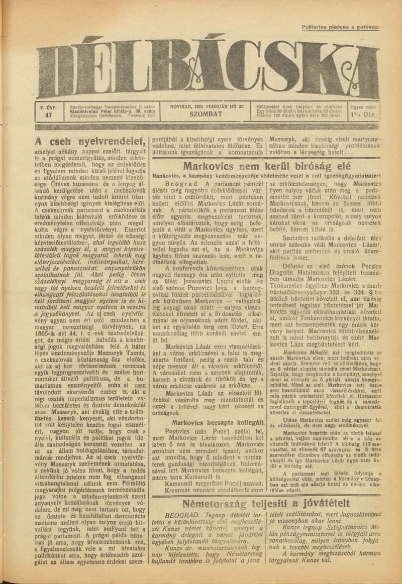 Délbácska, 5. évf. 1924. február 23. 47. sz.