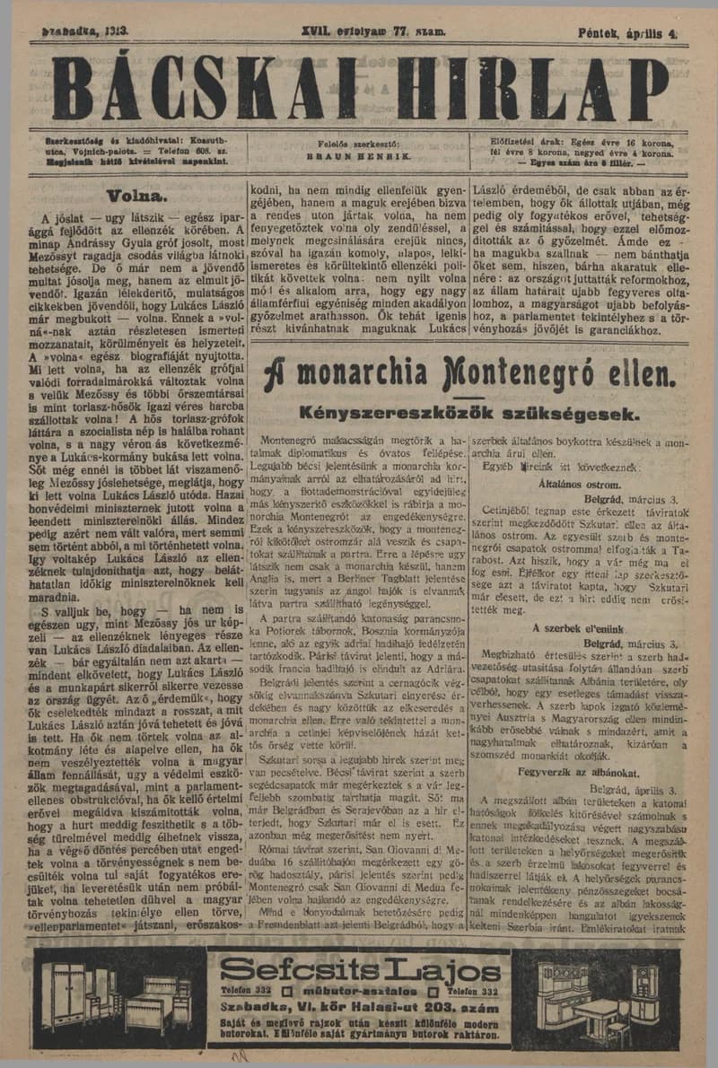 Bácskai Hirlap, 17. évf. 1913. április 4. 77. sz.