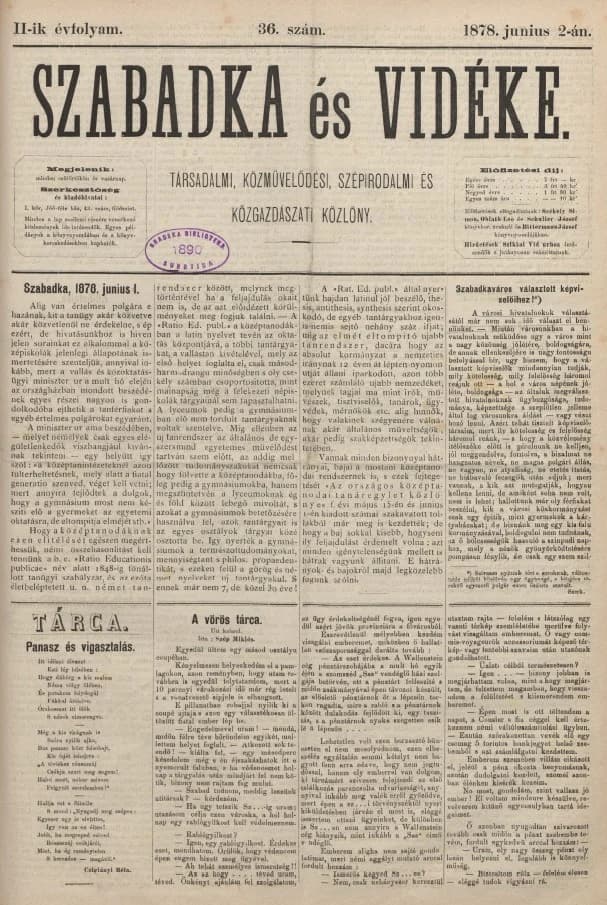 Szabadka és vidéke, 2. évf. 1878. június 2. 36. sz.