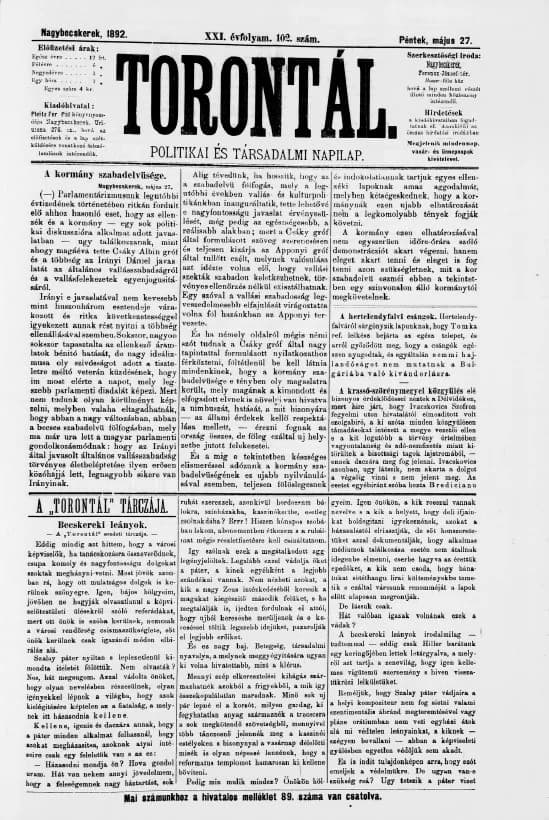 Torontál, 21. évf. 1892. május 27. 102. sz.