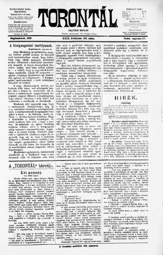 Torontál, 29. évf. 1900. augusztus 24. 193. sz.