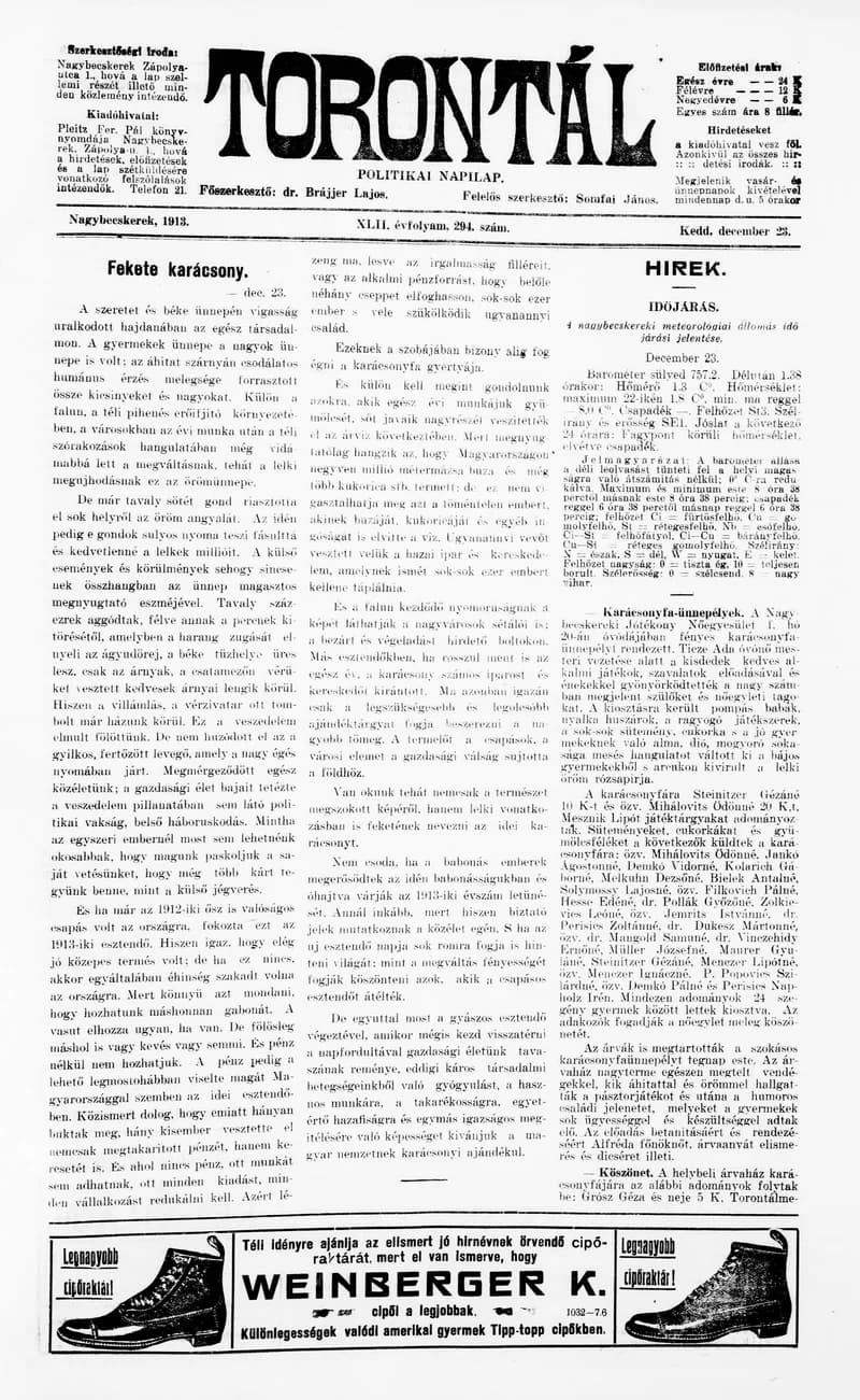 Torontál, 42. évf. 1913. december 23. 294. sz.