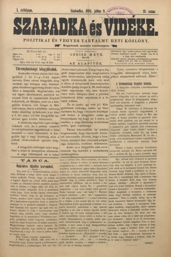 Szabadka és vidéke II, 1. évf. 1893. július 9. 21. sz.
