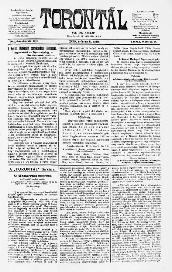 Torontál, 39. évf. 1910. március 16. 61. sz.