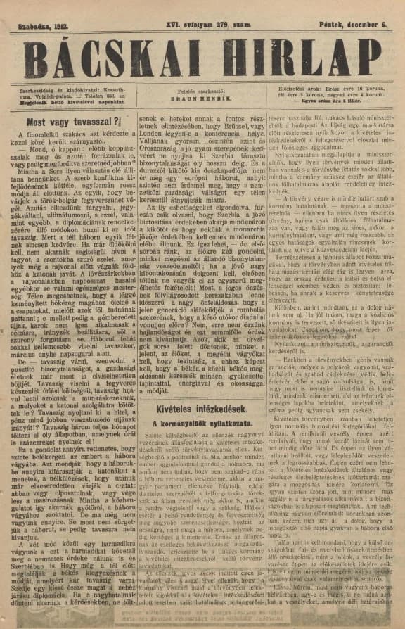 Bácskai Hirlap, 16. évf. 1912. december 6. 279. sz.