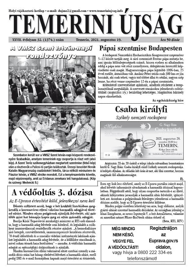Temerini Újság, 27. évf. 2021. augusztus 19. 32. sz.