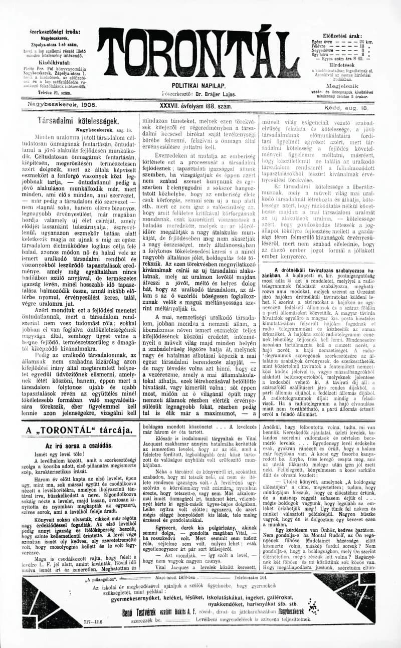 Torontál, 37. évf. 1908. augusztus 18. 188. sz.