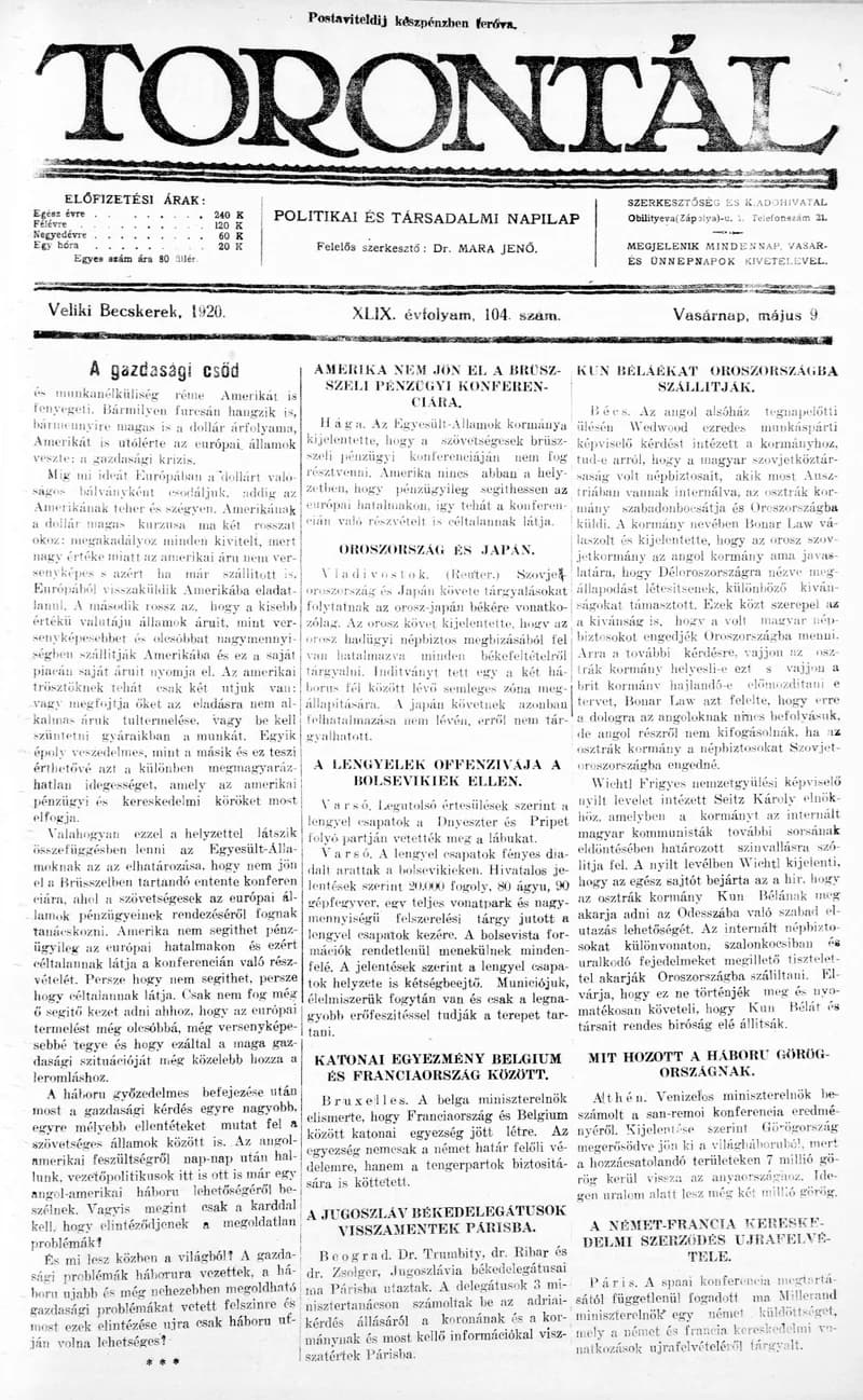 Torontál, 49. évf. 1920. május 9. 104. sz.