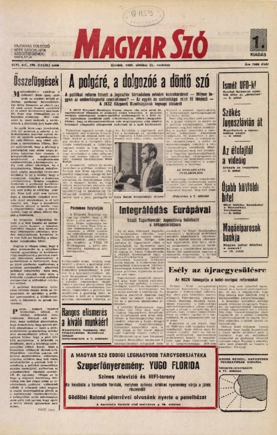 Magyar Szó, 46. évf. 1989. október 22. 290. sz. 1–28. oldal