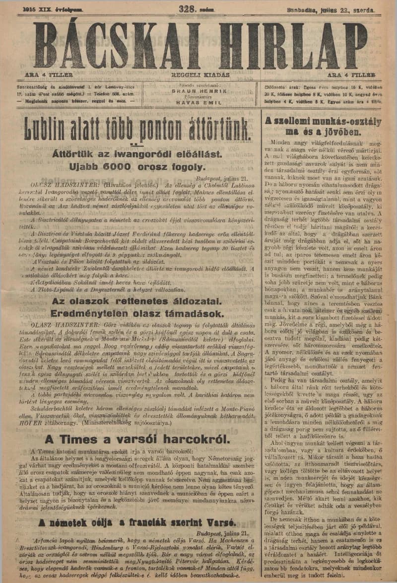Bácskai Hirlap, 19. évf. 1915. július 22. 328. sz.